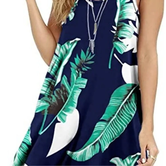 NWT!! Molerani Tropical Leaf Print Sleeveless Floral Swing Dress - Picture 3 of 11